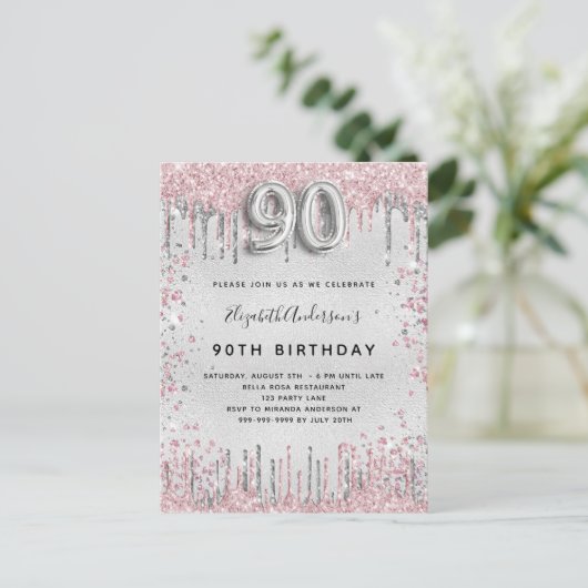 Invitation Carte Postale 90e anniversaire argent rose parties scintillant p (Debout devant)