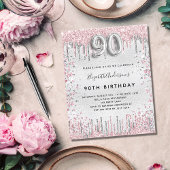 Invitation Carte Postale 90e anniversaire argent rose parties scintillant p