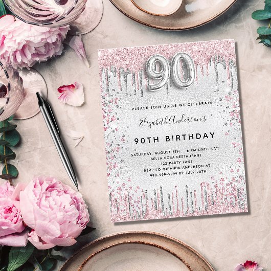 Invitation Carte Postale 90e anniversaire argent rose parties scintillant p