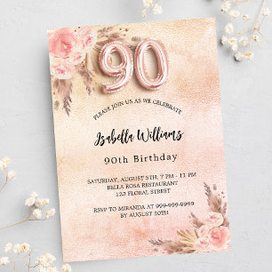 Invitation Carte Postale 90e anniversaire pampas herbe rose or fleurs boho