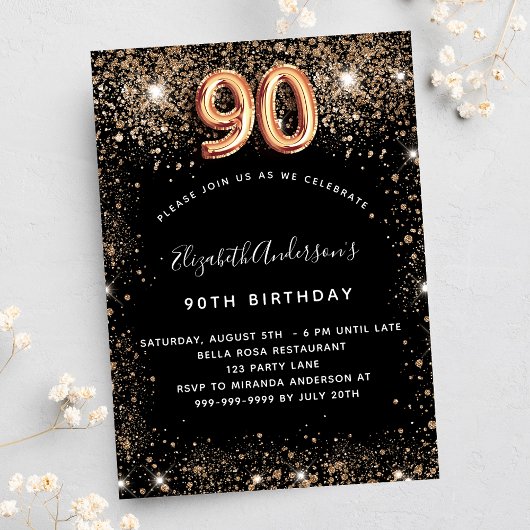 Invitation Carte Postale 90e anniversaire parties scintillant en or noir sc