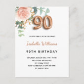 Invitation Carte Postale 90ème anniversaire fleuri rose or eucalyptus vert (Devant)