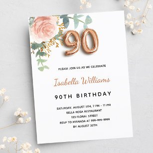 Invitation Carte Postale 90ème anniversaire fleuri rose or eucalyptus vert