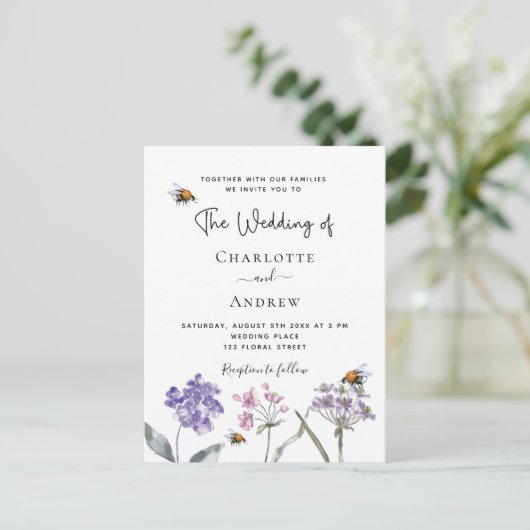 Invitation Carte Postale Abeille rose violet mariage fleur sauvage (Debout devant)