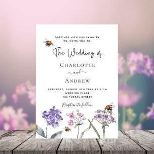 Invitation Carte Postale Abeille rose violet mariage fleur sauvage