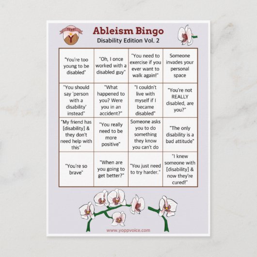 Invitation Carte Postale Ableism Bingo Card Handicap Edition Volume 2 (Devant)