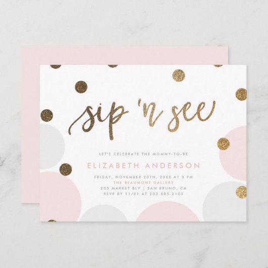 Invitation Carte Postale Adorable Pink et Grey Pastel Bubbles Sip & See (Devant / Derrière)