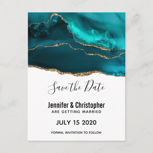 Invitation Carte Postale Agate moderne Turquoise or & blanc Enregistrer la (Devant)
