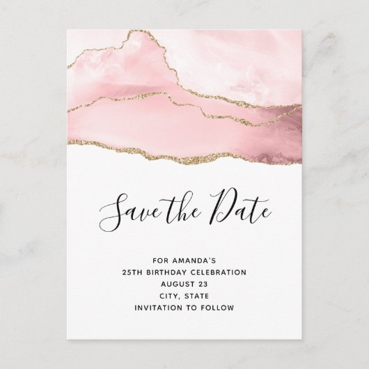 Invitation Carte Postale Agate rose vierge avec ruban or élégant Anniversai (Devant)