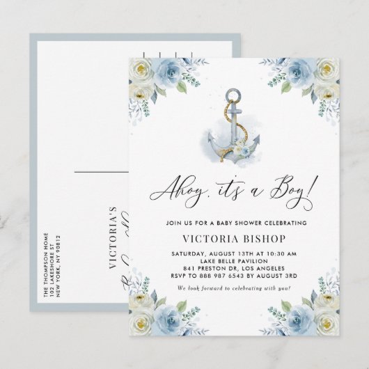 Invitation Carte Postale Ahoy It's a Boy Anchor Floral Nautical Baby Shower (Devant / Derrière)