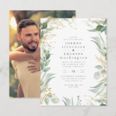 Invitation Carte Postale Ajouter votre photo | Aquarelle Vert & Mariage Or (Devant / Derrière)