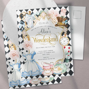 Invitation Carte Postale Alice merveilleland tea party fille anniversaire i