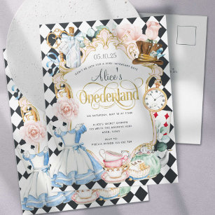 Invitation Carte Postale Alice Onederland tea party fille 1er anniversaire