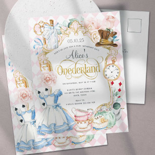 Invitation Carte Postale Alice Onederland tea party fille 1er anniversaire 
