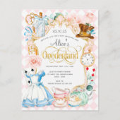 Invitation Carte Postale Alice Onederland tea party fille 1er anniversaire  (Devant)
