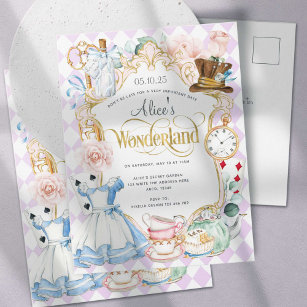 Invitation Carte Postale Alice onederland tea party fille premier anniversa