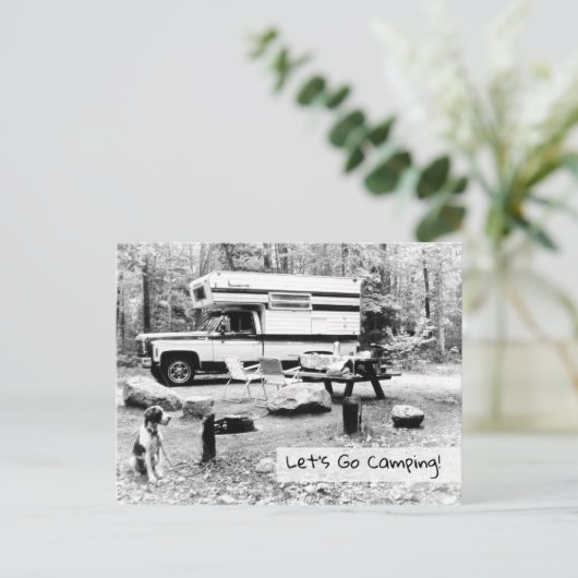 Invitation Carte Postale Allez Camping, Voyage Rétro Monochrome (Debout devant)
