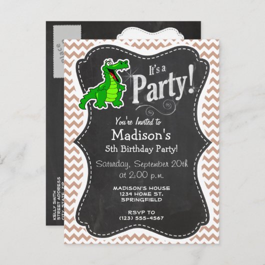 Invitation Carte Postale Alligator ; Brown Chevron (Devant / Derrière)