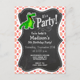 Invitation Carte Postale Alligator ; Pois roses et coraux