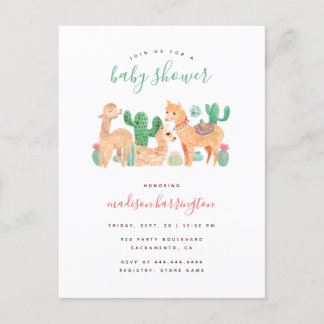 Invitation Carte Postale Alpaca doux Baby shower Llama Cactus Boho