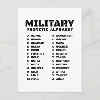 Invitation Carte Postale Alphabet phonétique militaire de l'OTAN Alfa à Zul