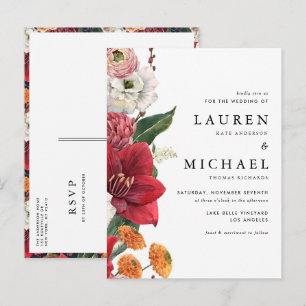 Invitation Carte Postale Amaryllis rouge et Mariage floral d'automne