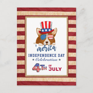 Invitation Carte Postale American Flag Patriotique Corgi 4 juillet