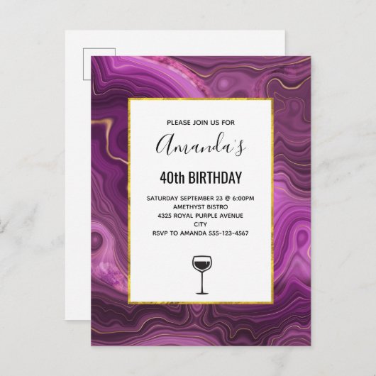 Invitation Carte Postale Améthyste Violet Et Agate Abstrait Or (Devant / Derrière)