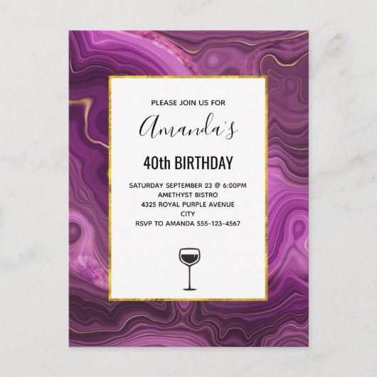 Invitation Carte Postale Améthyste Violet Et Agate Abstrait Or (Devant)