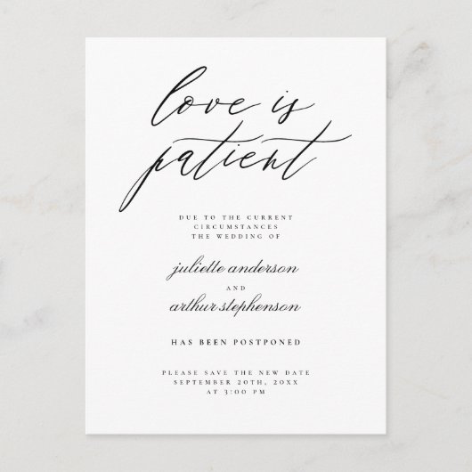 Invitation Carte Postale Amour chic B&W est patient Report de mariage (Devant)
