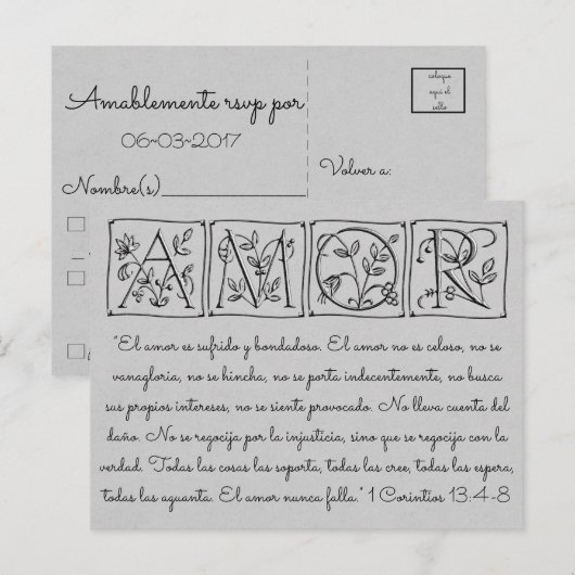 Invitation Carte Postale Amour-Patient-Genre-Jamais Échoue~Scrip~Mariage RS (Devant / Derrière)