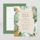 Invitation Carte Postale Ananas & Feuilles tropicaux Fête des mariées d'été (Devant / Derrière)