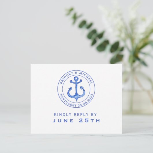 Invitation Carte Postale Ancre bleue marine | Mariage RSVP (Debout devant)