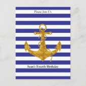 Invitation Carte Postale Ancre d'or avec Bleu Stripes Anniversaire (Devant)