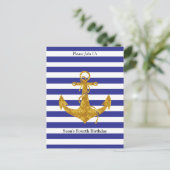 Invitation Carte Postale Ancre d'or avec Bleu Stripes Anniversaire (Debout devant)