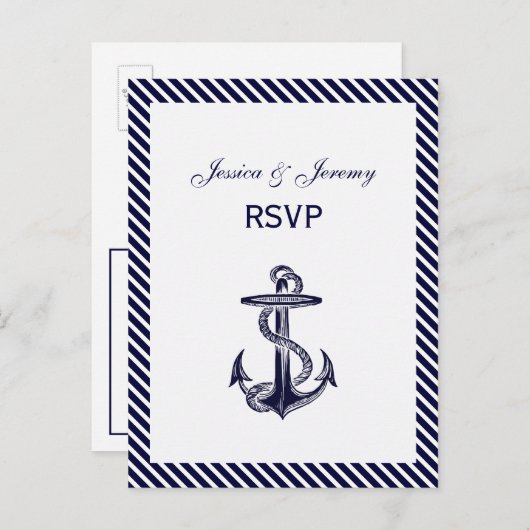 Invitation Carte Postale Ancre nautique Diag Stripe 2 RSVP 1 (Devant / Derrière)