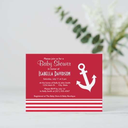 Invitation Carte Postale Ancre Nautique; Rayures rouges Cadmium; Rayures (Debout devant)