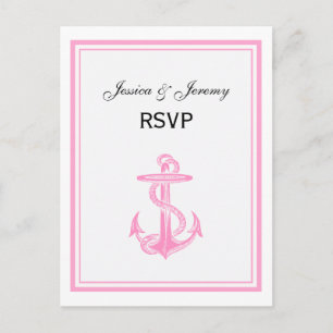 Invitation Carte Postale Ancre nautique rose encadré 2 RSVP 1
