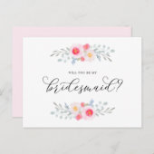 Invitation Carte Postale Anémones roses à l'aquarelle Veux-tu être ma demoi (Devant / Derrière)