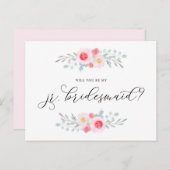 Invitation Carte Postale Anémones roses aquarelle, sois ma demoiselle d'hon (Devant / Derrière)