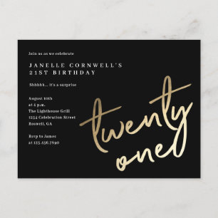 Invitation Carte Postale Anniversaire 21 Ans Moderne Minimaliste Or