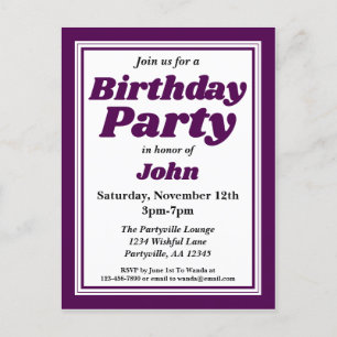 Invitation Carte Postale Anniversaire adulte violet profond classe