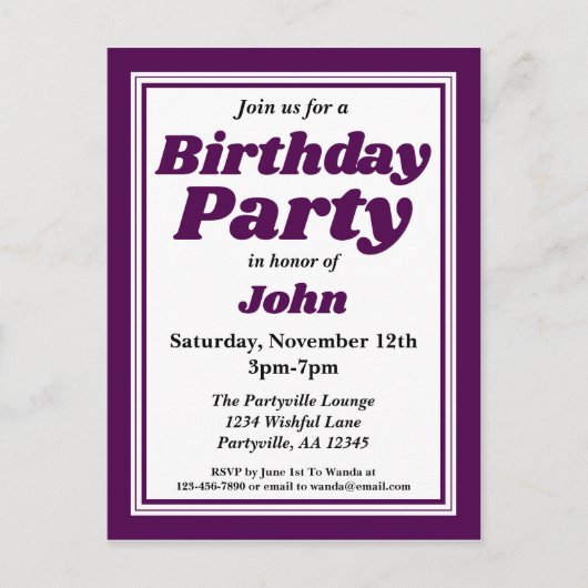 Invitation Carte Postale Anniversaire adulte violet profond classe (Devant)