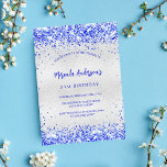 Invitation Carte Postale Anniversaire argent bleu royal<br><div class="desc">Pour une élégante fête d'anniversaire de 18e (ou tout âge). Un arrière - plan faux argenté. Décoré de confettis bleu roi. Personnalisez et ajoutez un nom et des détails du parti. Le nom est écrit avec un script de style écrit à la main. Dos : arrière - plan faux argenté....</div>