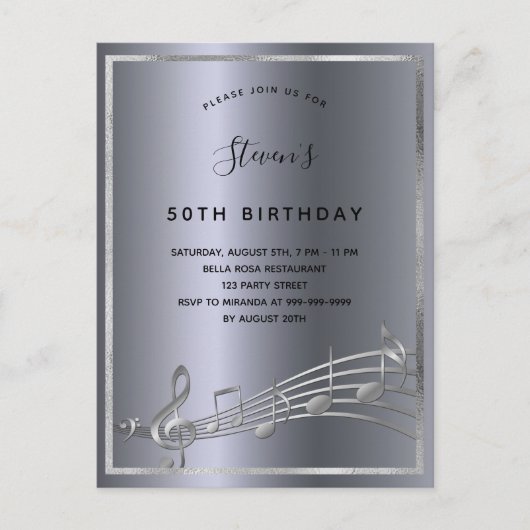 Invitation Carte Postale Anniversaire argent musique métallique notes (Devant)