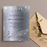Invitation Carte Postale Anniversaire argent musique notes métal parties sc<br><div class="desc">Une carte d'invitation branchée et moderne pour 40e anniversaire. Un faux argent foncé à l'arrière - plan métallique, avec des notes de musique, des lettres de couleur noire. Décoré avec de la poussière de parties scintillant imitation. Personnalisez et ajoutez un nom et des informations de partie. Retour : conception de...</div>