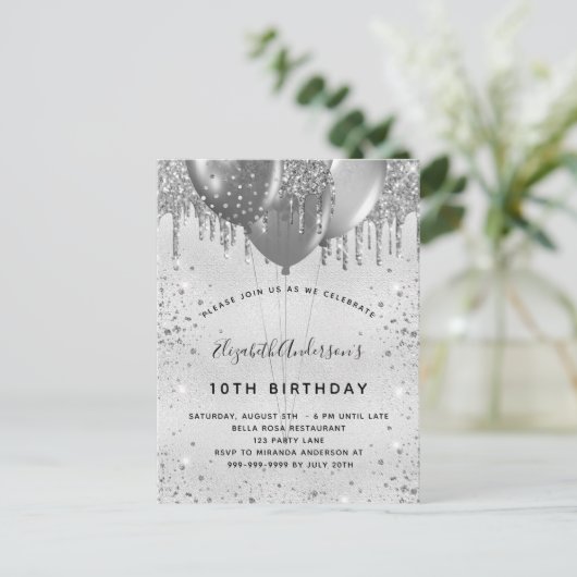 Invitation Carte Postale Anniversaire argent parties scintillant fille glam (Debout devant)