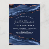 Invitation Carte Postale Anniversaire bleu agate marbre rose or (Devant)