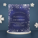 Invitation Carte Postale Anniversaire bleu marine argent parties scintillan<br><div class="desc">Une invitation moderne,  élégante et glamour pour une fête d'anniversaire de 21e (ou tout âge). Un arrière - plan bleu marine,  décoré avec de la poussière de parties scintillant en faux argent. Personnalisez et ajoutez votre nom et les détails de votre fête. Dos : bleu royal.</div>