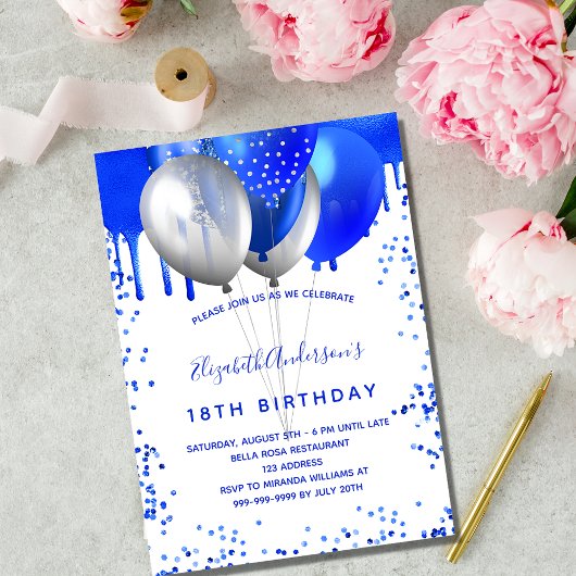 Invitation Carte Postale Anniversaire bleu royal ballons blancs